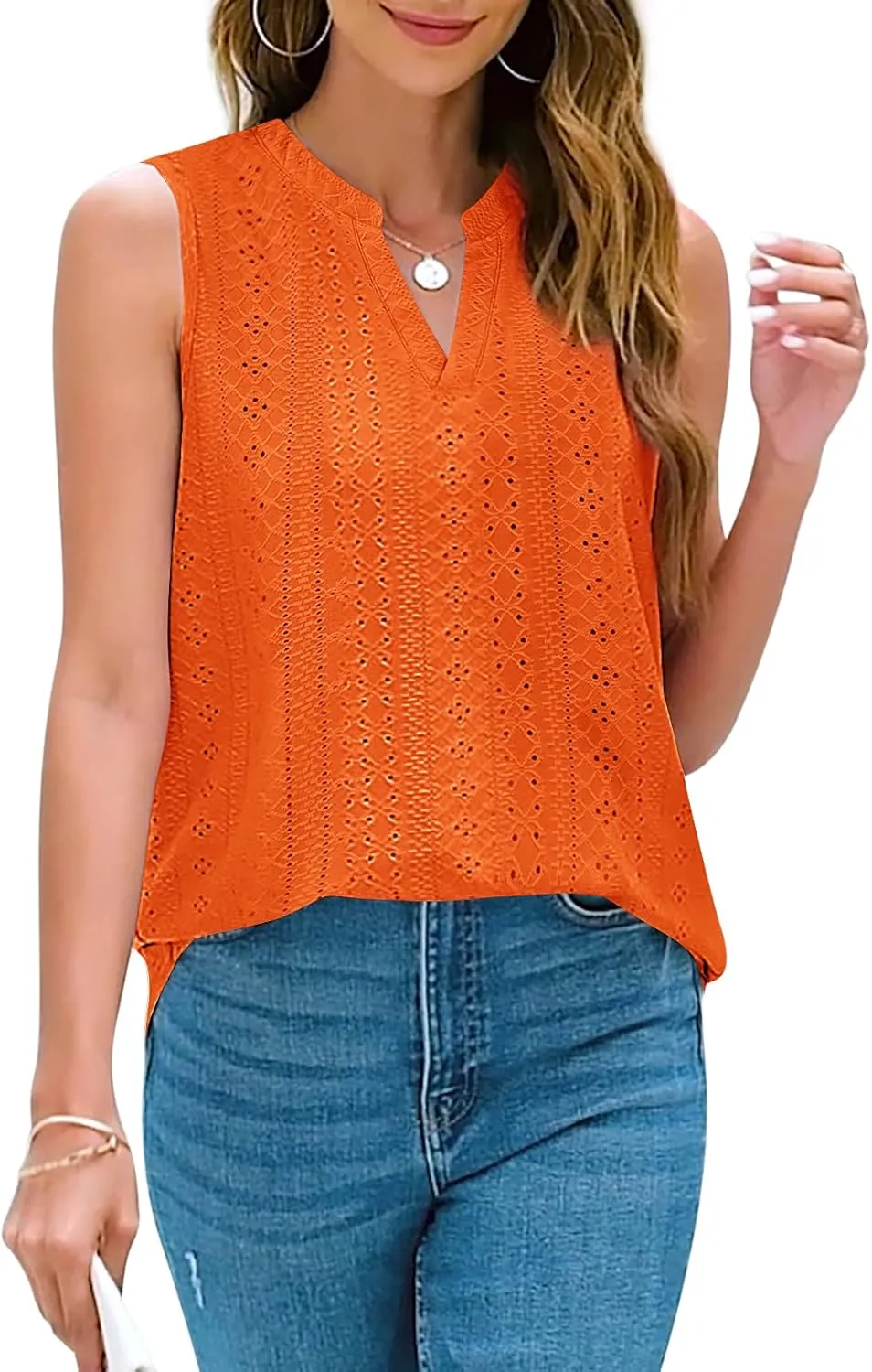 Zwurew Tank Top for Women Loose Fit Sleeveless V Neck Camisole Tops Dressy Casual Eyelet Summer Flowy Cami Shirts Blouse